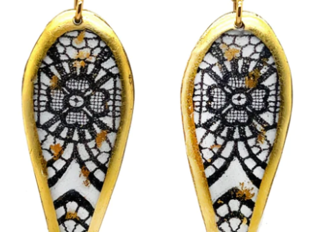 22K Gold Leaf Black Onyx Black Lace Drop Earrings by Evocateur For Cheap