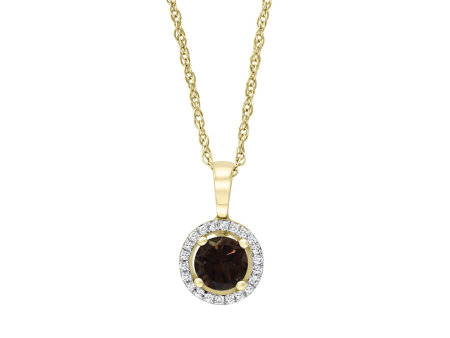 14K Yellow Gold 0.52ctw Round Smoky Quartz & Diamond Halo Necklace Online Hot Sale