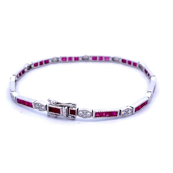 14K White Gold 4.66ctw Ruby & Diamond Antique Style Link Bracelet Sale