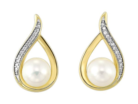 14K Two Tone Gold 5mm Pearl & Diamond Drop Earrings Hot on Sale