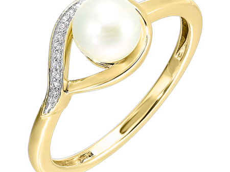 14K Two Tone Gold 6mm Pearl & Diamond Ring For Sale