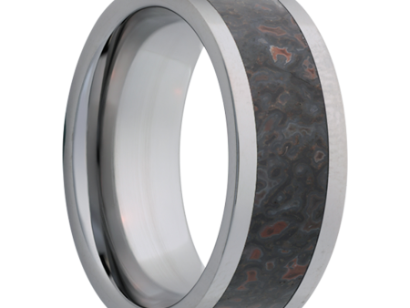 Tungsten 8mm Pipe Cut Men s Wedding Band with Gray Dinosaur Bone Inlay For Cheap