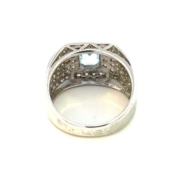 Estate Sterling Silver Emerald Cut Aquamarine & White Sapphire Wide Band For Discount