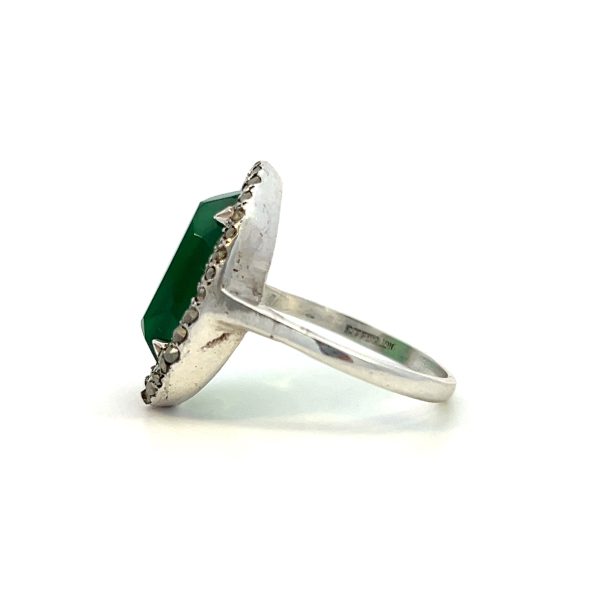 Estate Sterling Silver Oval Green Chrysoprase & Marcasite Halo Ring on Sale