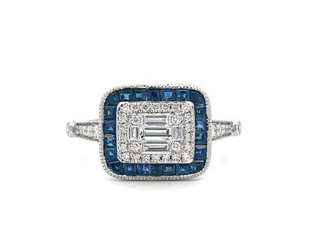 14K White Gold 1.24ctw Diamond & Blue Sapphire Antique Style Ring For Sale