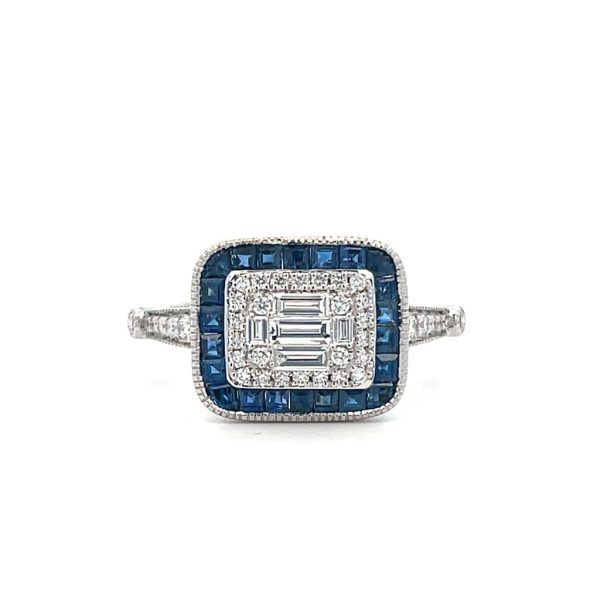 14K White Gold 1.24ctw Diamond & Blue Sapphire Antique Style Ring For Sale