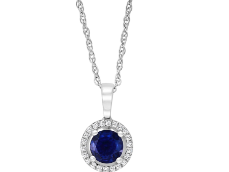 14K White Gold 0.72ctw Round Blue Sapphire & Diamond Halo Necklace For Sale