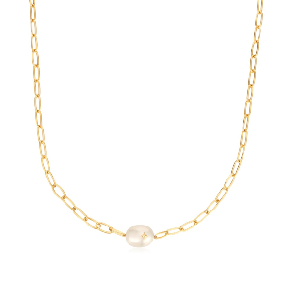 Gold Plated Freshwater Pearl Sparkle Solitaire Necklace by Ania Haie Fashion