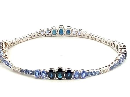 14K White Gold 10.26ctw Oval Blue Sapphire & Diamond Graduated Tennis Bracelet by Bellarri Fashion