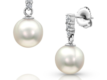 14K White Gold 7-7.5mm Akoya Pearl & Diamond Drop Earrings For Cheap