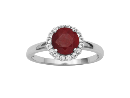 Sterling Silver Dyed Red Corundum & White Topaz Halo Ring by Samuel B. Cheap