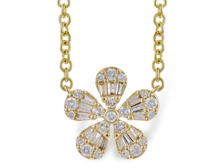 14K Yellow Gold 0.24ctw Baguette & Round Diamond Flower Necklace by Allison Kaufman Discount