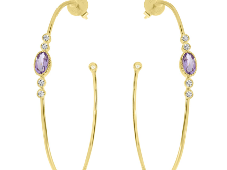 14K Yellow Gold Oval Amethyst & Diamond Hoop Earrings Discount