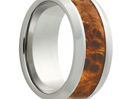 Tungsten 8mm Beveled Edge Men s Wedding Band with Burl Wood Inlay For Cheap