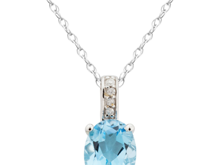 14K White Gold 1.20ctw Oval Blue Topaz & Diamond Drop Necklace Fashion