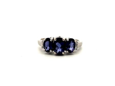 Estate 14K White Gold 1.39ctw Oval Iolite & Diamond Three Stone Ring Online Hot Sale