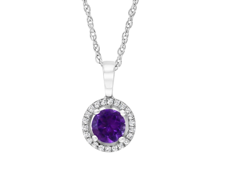 14K White Gold 0.57ctw Amethyst & Diamond Halo Necklace For Sale