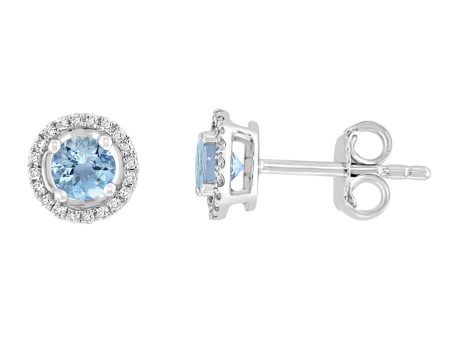 14K White Gold 0.53ctw Round Aquamarine & Diamond Halo Stud Earrings Cheap