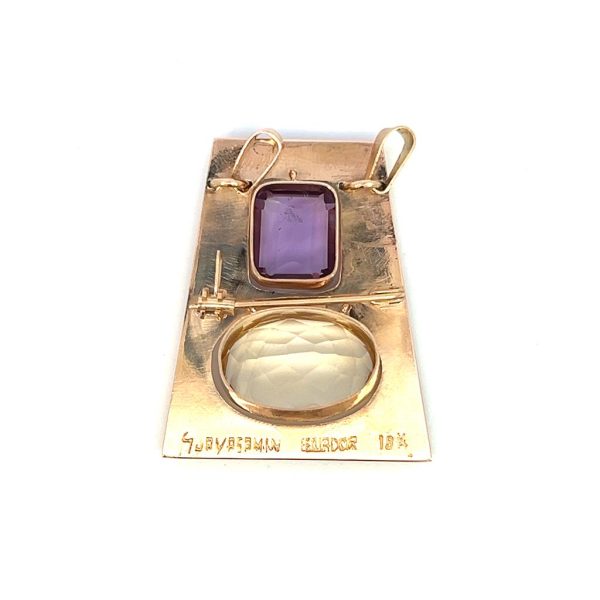 Estate 18K Yellow Gold Amethyst & Citrine Pin Pendant For Sale