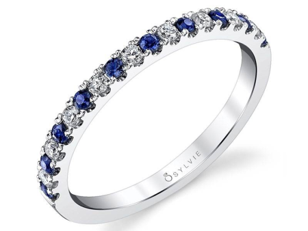 14K White Gold 0.26ctw Blue Sapphire & Diamond Alternating Wedding Band Hot on Sale