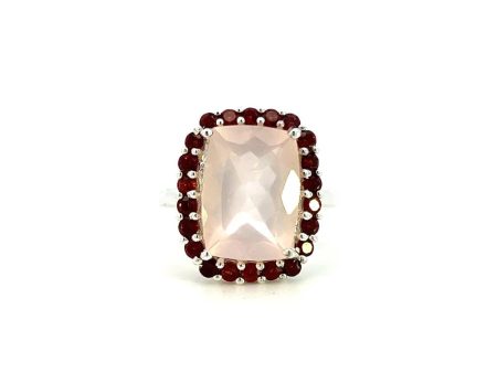 Estate Sterling Silver Cushion Rose Quartz & Garnet Halo Ring Online now