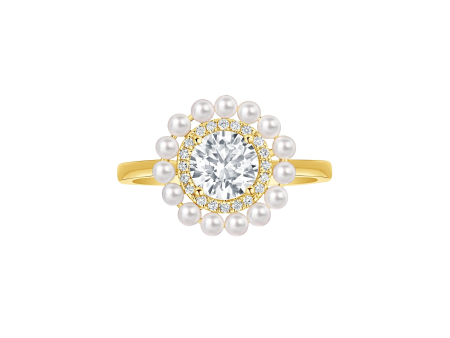 14K Yellow Gold 1.10ctw Round Lab Diamond & Pearl Halo Ring Sale