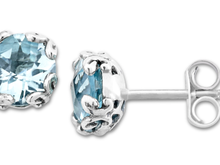 Sterling Silver Round Blue Topaz Stud Earrings by Samuel B. For Sale