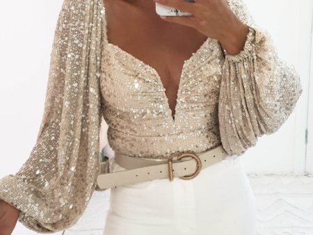 Astria Long Sleeve Sequin Bodysuit Top | Beige Cheap