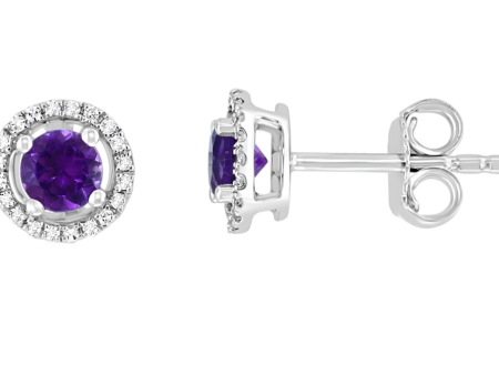 14K White Gold 0.54ctw Amethyst & Diamond Halo Stud Earrings Sale