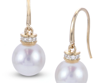 14K Yellow Gold 9-9.5mm Freshwater Pearl & Diamond Drop Earrings For Discount