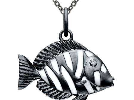 Sterling Silver & Black Rhodium Plated Black Diamond Fish Necklace Online now