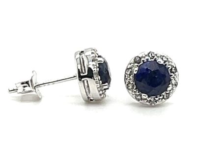 Sterling Silver Dyed Blue Sapphire & White Topaz Halo Stud Earrings by Samuel B. Fashion