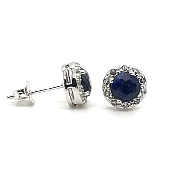 Sterling Silver Dyed Blue Sapphire & White Topaz Halo Stud Earrings by Samuel B. Fashion