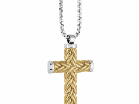 Stainless Steel & Yellow Gold Plated Men s Weave Design Cross Pendant Necklace Sale