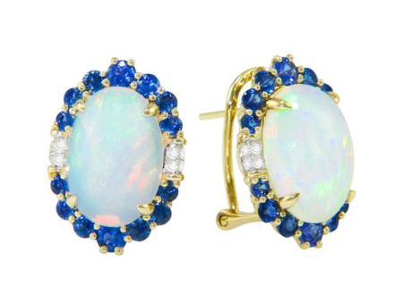 14K Yellow Gold 8.75ctw Opal, Blue Sapphire, & Diamond Halo Stud Earrings by Bellarri Sale