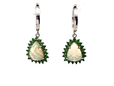 14K White Gold 1.90ctw Triangle Opal & Tsavorite Garnet Halo Drop Earrings by Bellarri on Sale