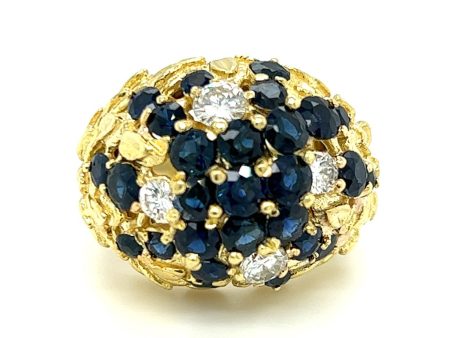 Estate 18K Yellow Gold 2.70ctw Blue Sapphire & Diamond Cluster Flower Ring Online Hot Sale