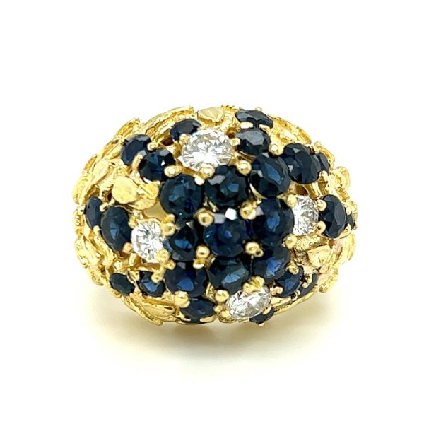 Estate 18K Yellow Gold 2.70ctw Blue Sapphire & Diamond Cluster Flower Ring Online Hot Sale