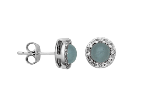 Sterling Silver Milky Aquamarine & White Topaz Halo Stud Earrings by Samuel B. For Sale