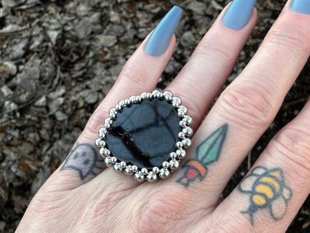 GEMSTONE Large Black Tourmaline Slice Ring: Size 7.5 Cheap