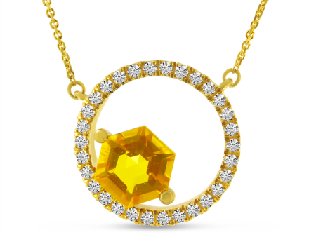 14K Yellow Gold 1.05ctw Hexagon Citrine & Diamond Circle Necklace Fashion