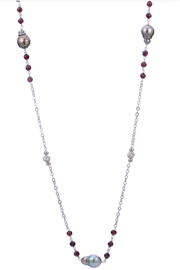 Sterling Silver 8-9mm Tahitian Pearl & Garnet Station Necklace Cheap