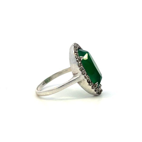 Estate Sterling Silver Oval Green Chrysoprase & Marcasite Halo Ring on Sale