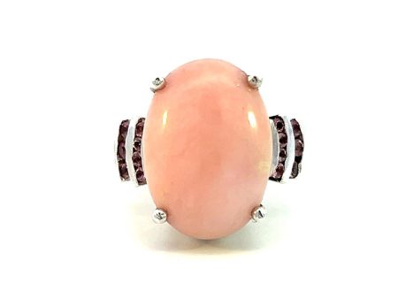 Estate Sterling Silver Faux Oval Coral & Pink Tourmaline Ring Hot on Sale