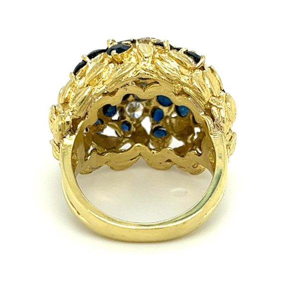 Estate 18K Yellow Gold 2.70ctw Blue Sapphire & Diamond Cluster Flower Ring Online Hot Sale