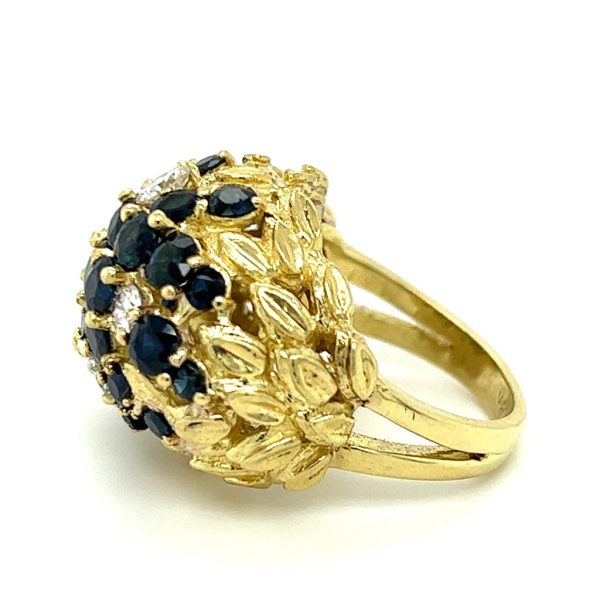 Estate 18K Yellow Gold 2.70ctw Blue Sapphire & Diamond Cluster Flower Ring Online Hot Sale