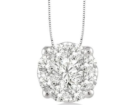 14K White Gold 1.00ctw Round Diamond Cluster Necklace Cheap