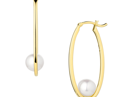 14K Yellow Gold 5.5-6mm Cultured Akoya Pearl Oval Hoop Earrings For Sale