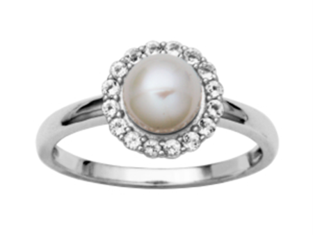 Sterling Silver Pearl & White Topaz Halo Ring by Samuel B. Discount