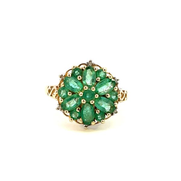 Estate 14K Yellow Gold Emerald & Diamond Cluster Flower Ring Online Hot Sale